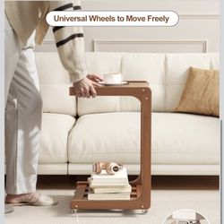 C Shaped End Table for Couch,Small Side Table Living Room,Slide Under Couch Table C Table End Table with Wheels,Soild Wood Side Table for Living Room 