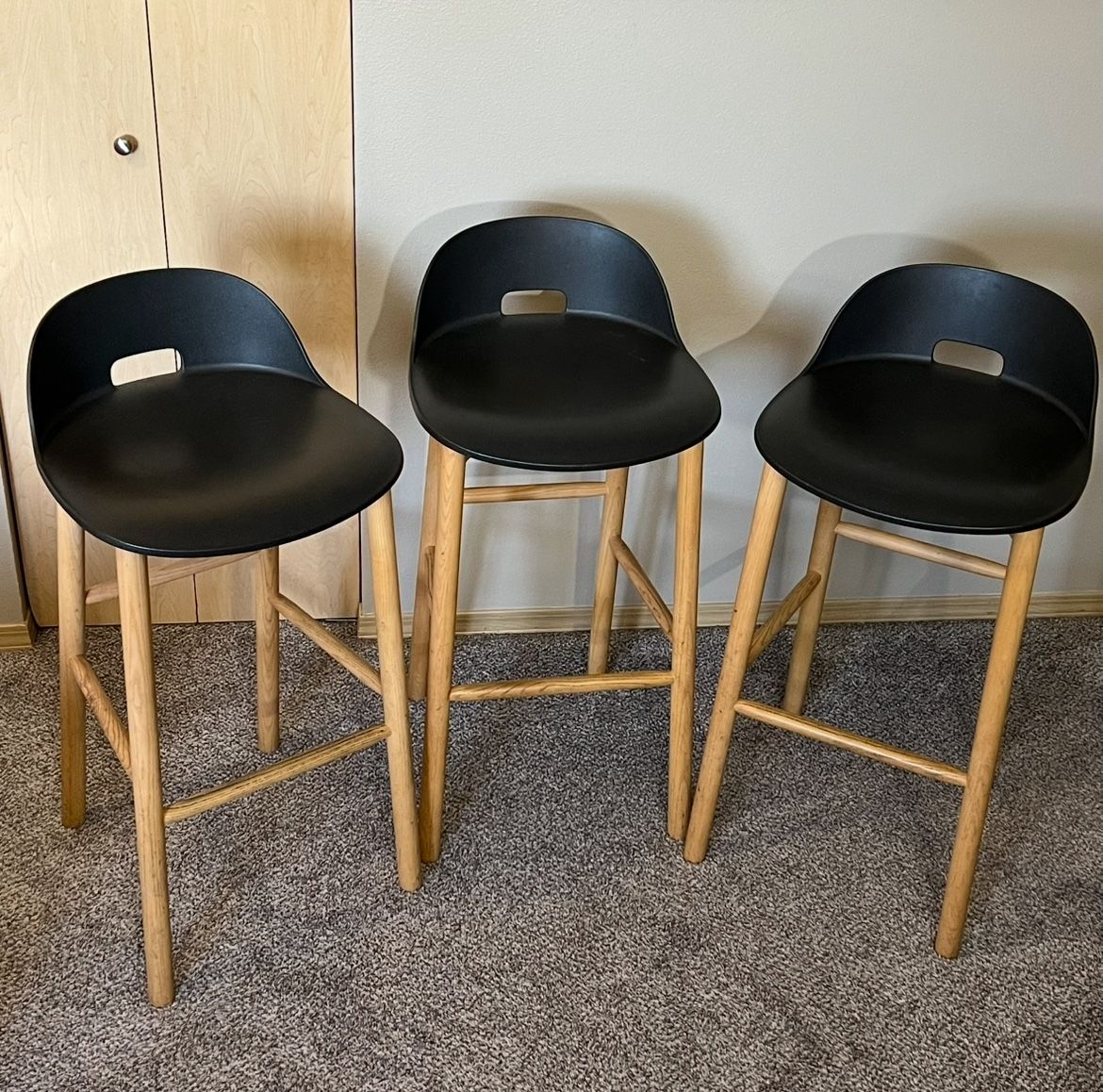 3 Emeco Alfi Bar Height Low Back 30” Stools by Jasper Morrison