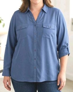 Kim Rogers Women's 3X Dusty Blue Button-Down Roll Tab Sleeve Shirt Top