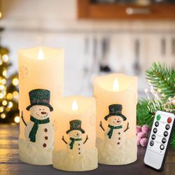 Flameless Candle Sets for Christmas Gift 3 Pack, Battery Operated Pillar Candles with Snowman Pattern,Christmas Decoration Candles Sets 5 inch 6 inch 