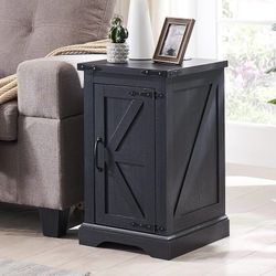 E323 $50 set of 2 Nightstand with Charging Station, Rectangular Farmhouse End Table with Barn Door and Adjustable Storage Shelf, 17" Deep Wood Rustic