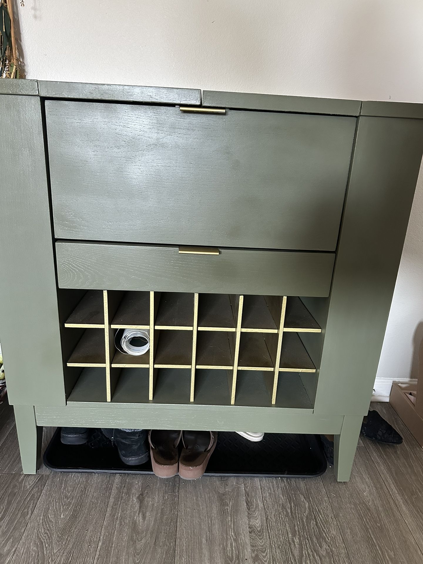 Olive Green Coffee Cabinet/Wine Rack with side storage and drawer