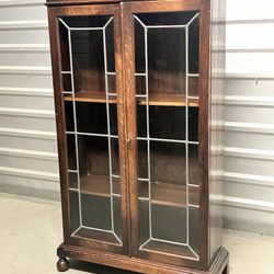 English Oak Display Bookcase Double Leaded Glass Doors Original Key
