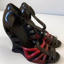 Bottega Veneta Cutout Wedges Sandals Sz 39/US9 Black Red Open Toe MSRP $1500