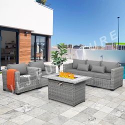 NEW🔥Outdoor Patio Furniture HDPE WICKER Grey 4" Non Slip Grey Cushions and Firepit