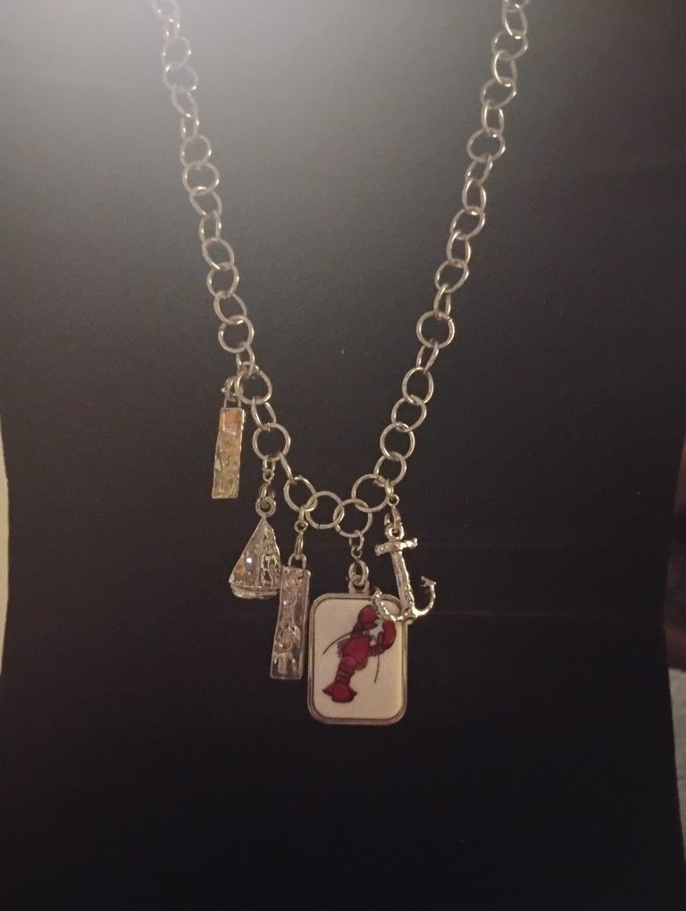 Silver Shard Charm Necklace W/ Beautiful Lobster, Anchor & Sailboat Charms