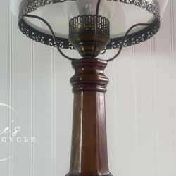 Vintage 1970s walnut lamp with milk glass shade and brass banding