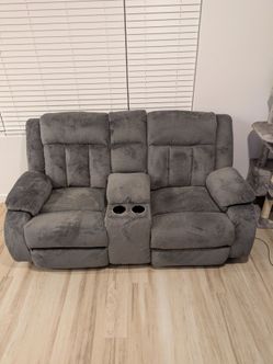Gray Fabric Reclining Loveseat with Console