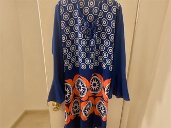 Blue & Orange Printed Long Sleeve Midi Dress