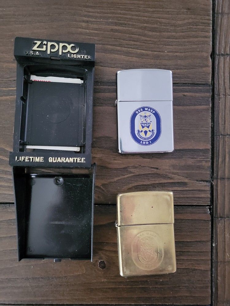 Vintage Zippo Lighters - USS Wasp ( 1) Chrome (1) Brass $75 Both 1) $40