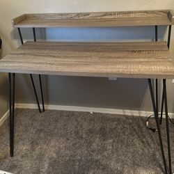 Wood Look Desk with Elevated Shelf and Hairpin Legs