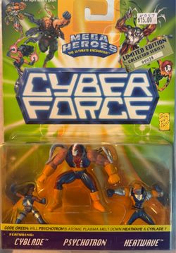 Mega Heroes the ultimate encounter Cyber Force featuring Cyblade, Psychotron and Heatwave
