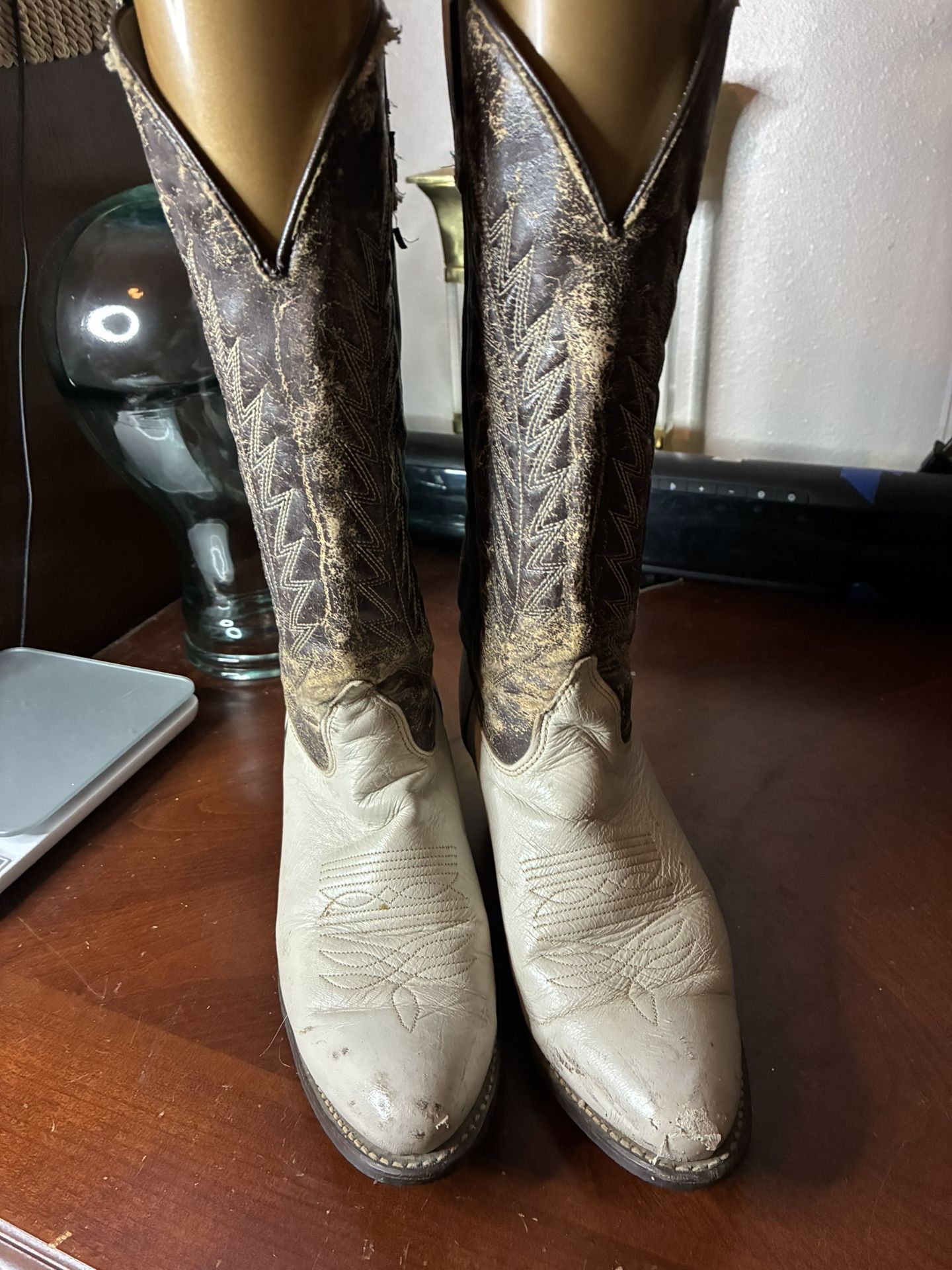 Vtg  Texas Brand  Gray Tan Leather Round Toe Women Western Cowboy Boots Size 8M
