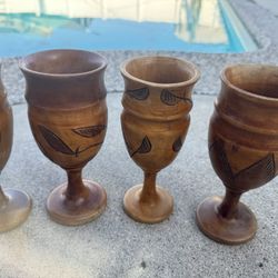 Vintage Wood Hand Carved Goblet Wine Set
