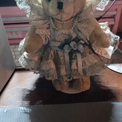 Vintage Jointed Teddy Bear Plush Victorian Pink Lace Peacock Wicker Chair $25