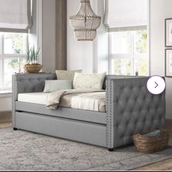 ✨ QUEEN UPHOLSTERED BED + MATTRESS + TWIN TRUNDLE – $500 OBO ✨
