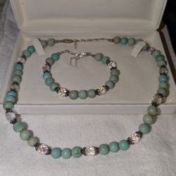 Turquoise And Crystal Necklace And Matching Bracelet 