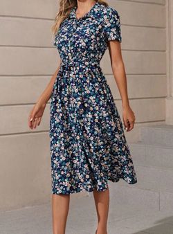 NEW Women’s Navy Floral Short Sleeve Collared Midi Dress Size Small