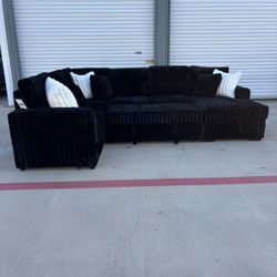 Black Fluffy Corduroy Sectional Couch With Pop Up Bed & Storage Delivery Available 🚚