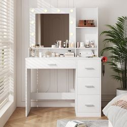 New Vanity Desk with Mirror, Power Outlet and 10 Lights, Makeup Table with 4 Drawers, 3 Color Modes Available for Bedroom, White   New in box T-VN23-0
