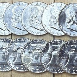 ⭐️(10) 1963 Franklin Half Dollars Uncirculated Half Roll⭐️