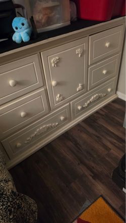 White Wood Dresser with Floral Detail