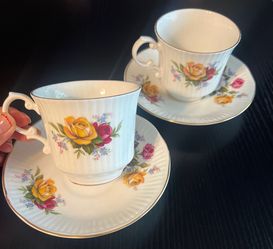Vintage Royal Dover Fine Bone China Tea Cups & Saucers (Set of 2)
