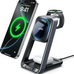 3 in 1 Charging Station for iPhone, Magsafe Wireless Charger with Cooling Fan for iPhone 16 15 14 13 12 Series & Apple Watch Charger 10/Ultra 2, Wirel