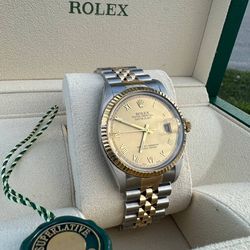 1987 Rolex Datejust 36mm 16013 Champagne Roman Dial 18k yellow gold and stainless steel jubilee bracelet box & appraisal papers