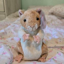 Ty Beanie Baby Pellet ~ July 29, 2000  ~ White Brown Hamster Plush