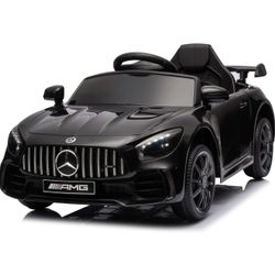 12V Licensed Mercedes Benz AMG GTR Kids Ride on Electric Car, Black Electric Vehicle w/Parent Remote, Bluetooth, Wider Seat, LED Lights, Openable Door