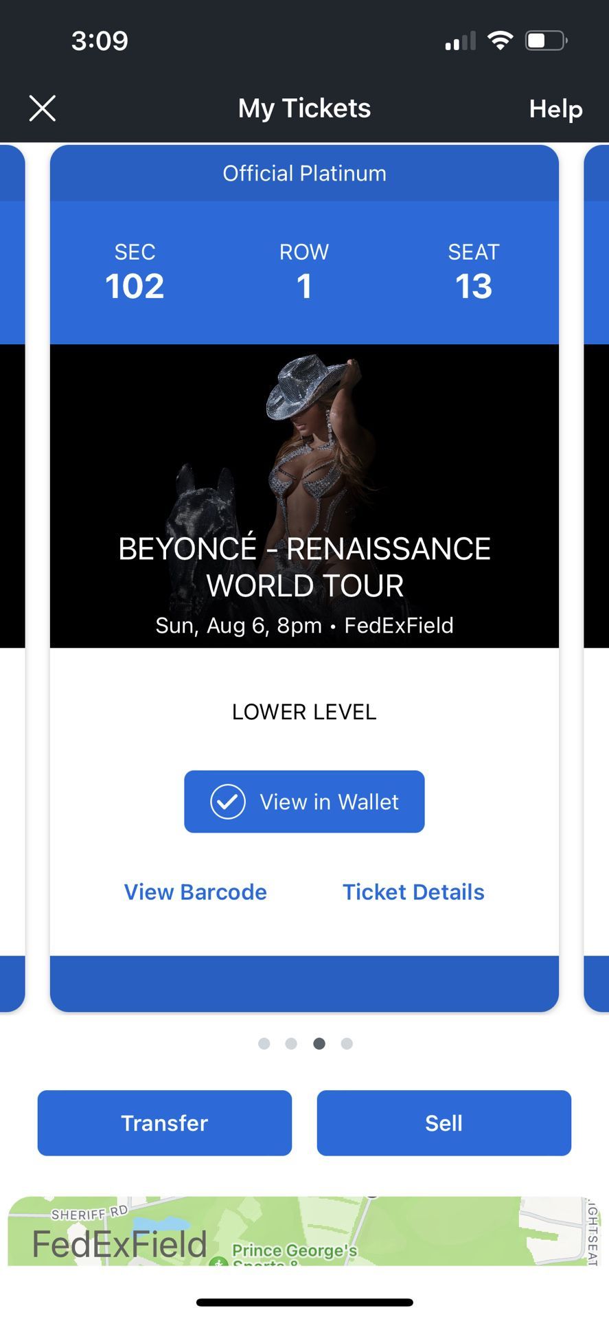 2 BEYONCE TICKETS FEDEX FIELD SEC 102 ROW 1