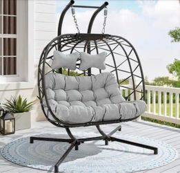 Oversize 2-Person Patio Gray Wicker Hanging Egg Swing Chair Indoor Outdoor Porch Lounge with Stand & Light Gray Cushion