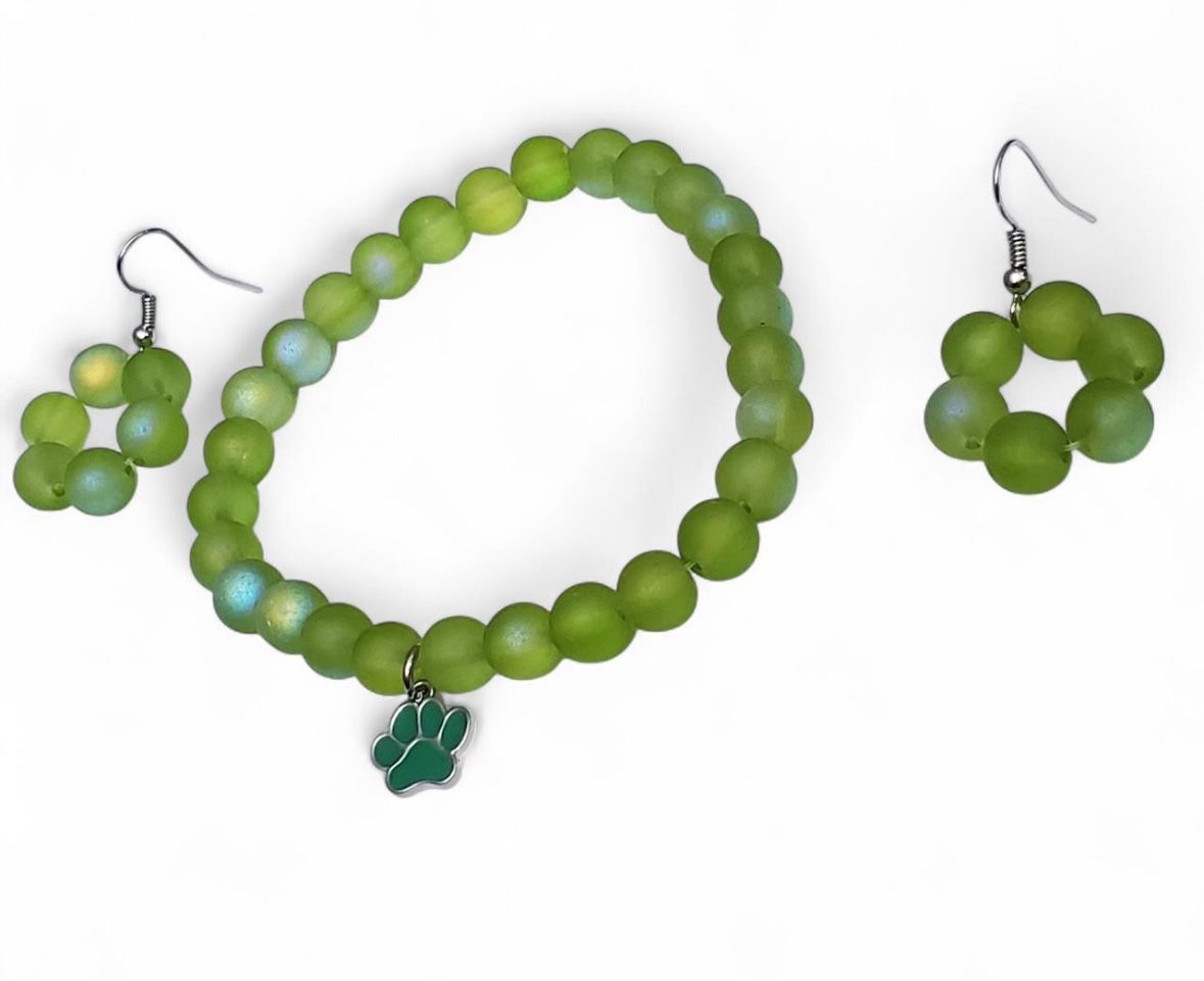 8mm Beaded Stretch Bracelet and Earrings Green Colors 7 3/4” W/Green Paws Charm