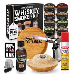 Whiskey Smoker Kit with Torch and Butane and Old Fashioned Syrup - 8 Flavors Wood Chips, 100% USA Oak, High-End Set - Old Fashioned Bourbon Cocktail S