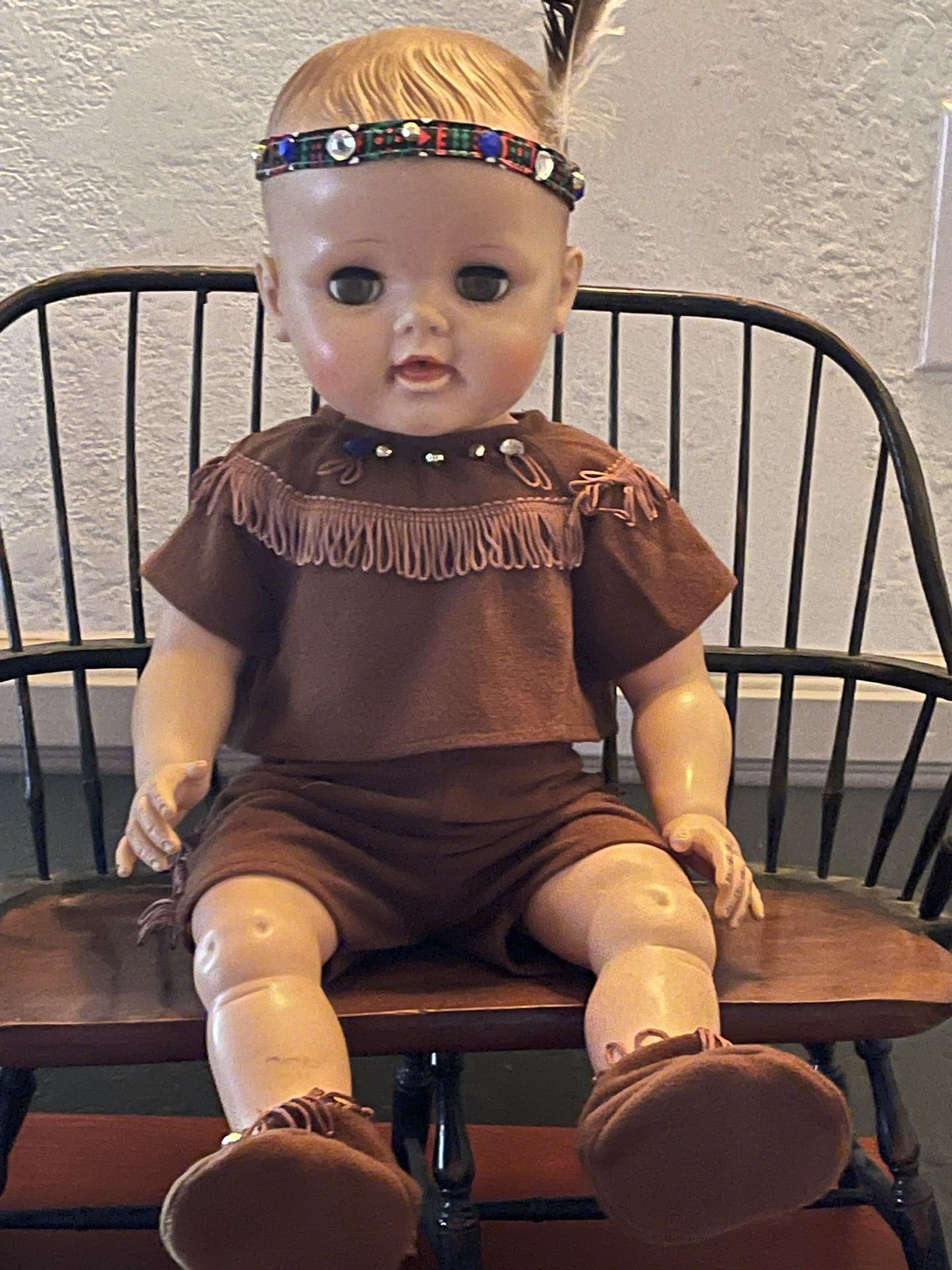 Antique Doll Dressed In Modern American Indian Outfit 