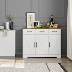 42.5'' Kitchen Buffet Sideboard Cabinet, 3 Drawers Farmhouse Coffee Bar Storage Cabinet with Adjustable Shelf, White