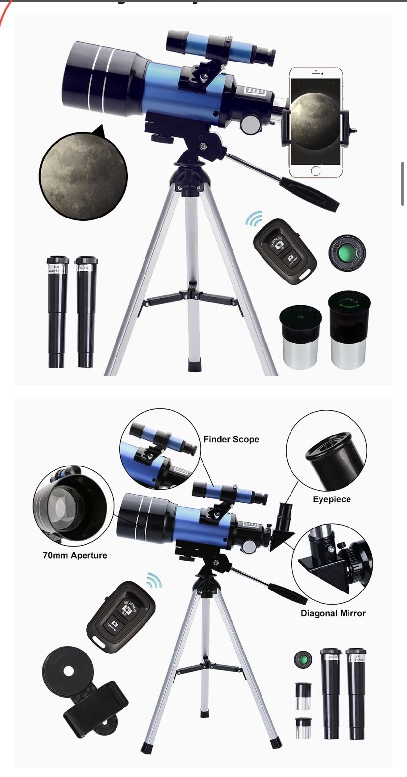 Telescope for Adults & Kids, 70mm Aperture (15X-150X) Portable Refractor Telescopes for Astronomy Beginners, 300mm Professional Travel Telescope with