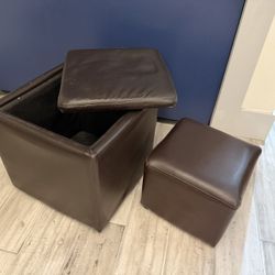 Brown Faux Leather Storage Ottoman + Matching Footstool / Seat