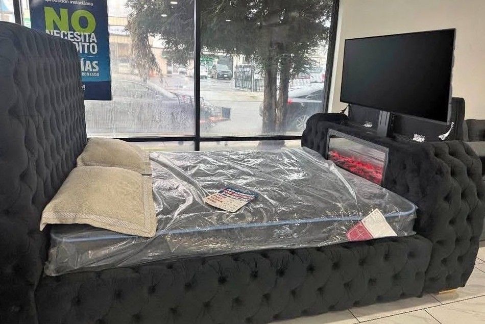 Black Bed frame with Fireplace and heater and TV mount King andΒ QueenΒ sizes