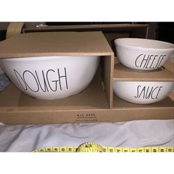 Rae Dunn Pizza Bowl Set. Dough, Cheese, Sauce. White