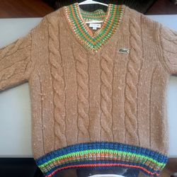 Lacoste Unisex Loose Fit Cable Knit Wool V-Neck Sweater