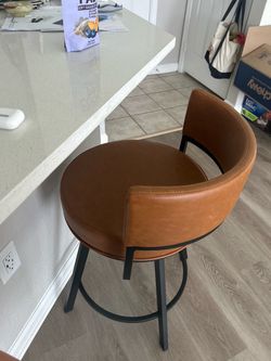 Tan Leather Swivel Bar Stool with Metal Base