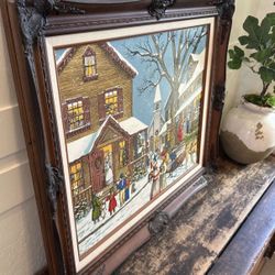 Vintage Christmas Art LARGE Signed By Hargrove And Numbered 569/1200 Snowy Village Scene 