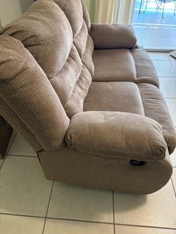 TAN  FABRIC  RECLINING   SOFA