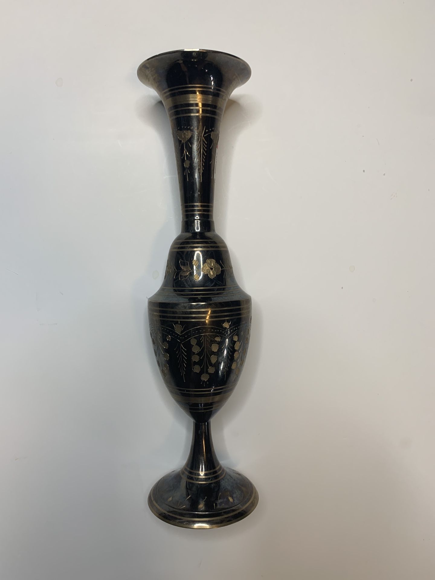 Vintage Brass (and Black) Etched 12" Tall Floral Vase