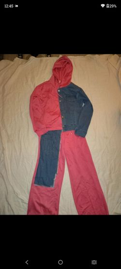 Red rain half denim 2 piece set