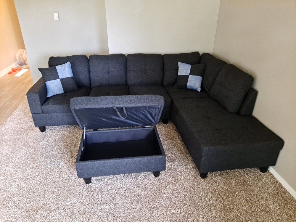 New Charcoal Grey Linen Sectional with Storage Ottoman
