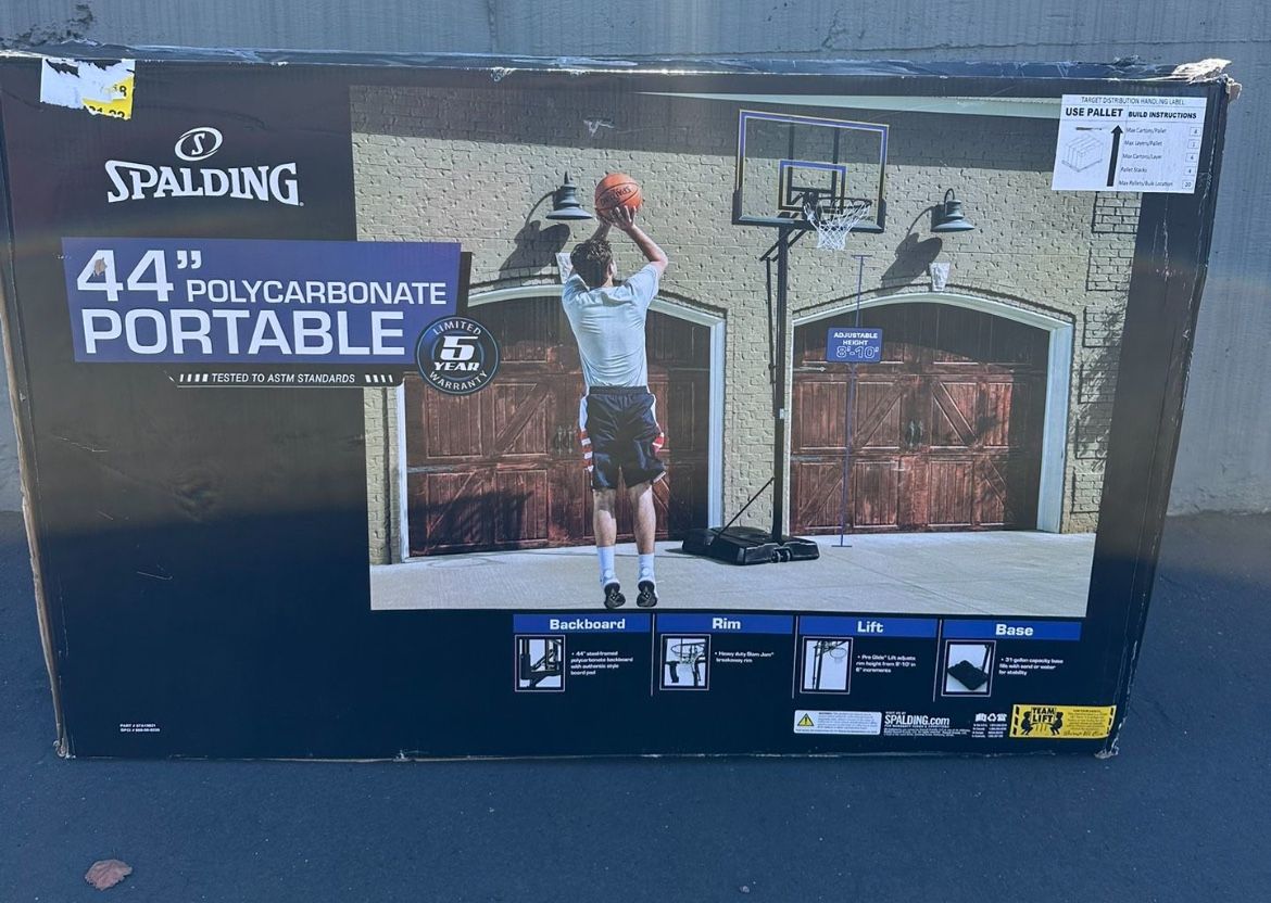 NEW Spalding 44” Polycarb Portable Shatter Proof Basketball Hoop Adjustable 10’