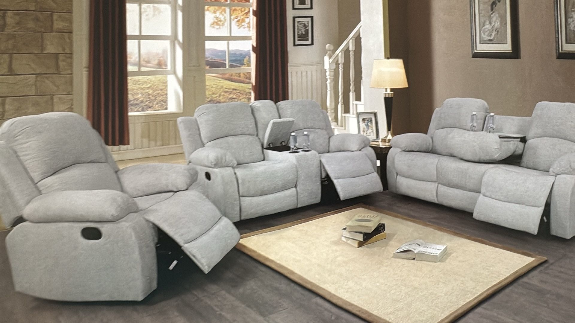 Gray Chenille Fabric Fully Reclining Three Piece Couch Set 